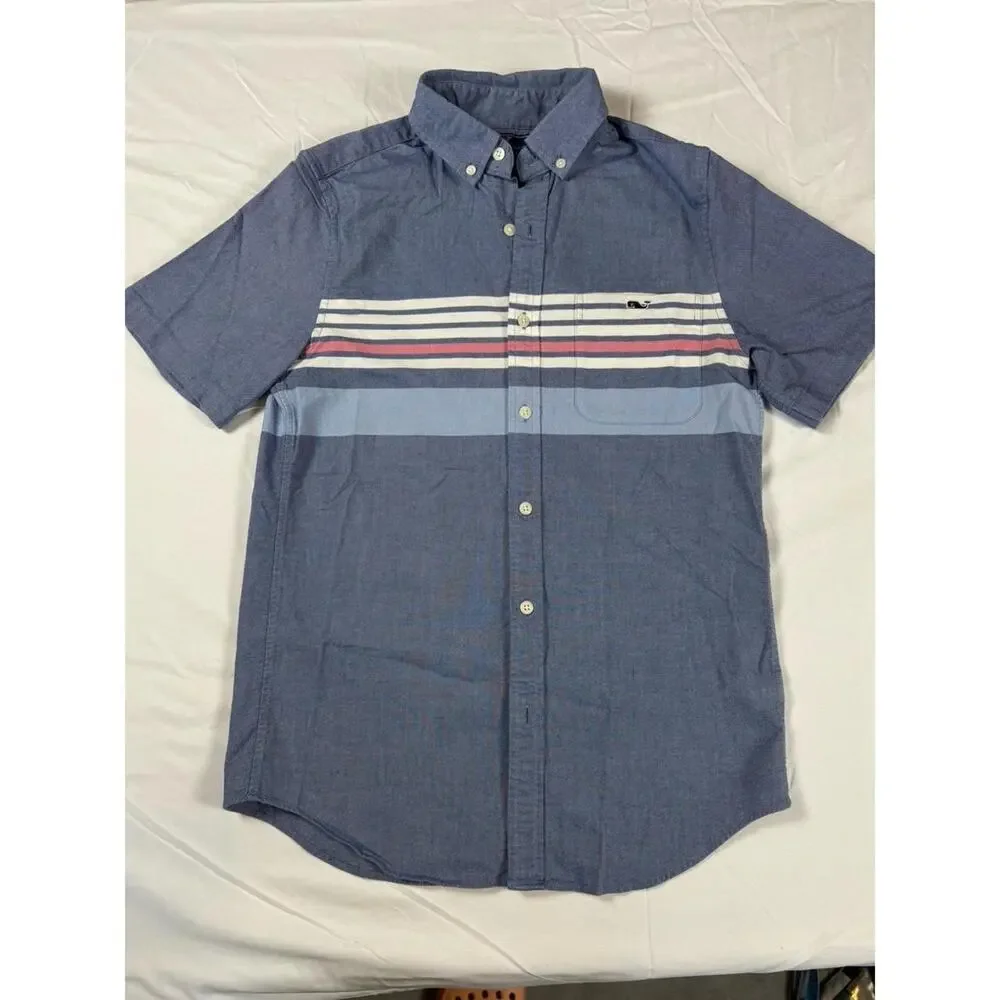 Vineyard Vines Striped Short Sleeve Button Down Shirt‎ Whale Logo Blue Coral XS